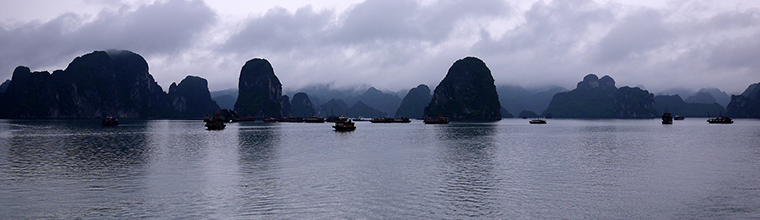 A UNESCO World Natural Heritage Site, Ha Long Bay translates to Descending Dragon Bay in Vietnamese.  The Bay features a couple thousand  limestone karsts and isles in various shapes and sizes.  The water is very calm despite a flurry of container ships and overnight boat cruises passing through the area.  Floating fishing villages and limestone caves add to the allure of the area. For both days spent on the water, we were shrouded with overcast skies, misting rain and cool temperatures.  These weather conditions created a mysterious and mesmerizing effect for this photo taken in color with my Panasonic DMC-GF1 camera on the morning of the second day just before returning to the harbor.  April 17, 2010. - Laurel Pfund